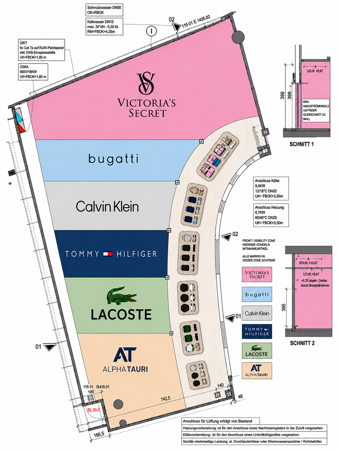 Floorplan Welcome Shop Süderweiterung mit Markenaufteilung Victoria's Secret, Bugatti, Calvin Klein, Tommy Hilfiger, Lacoste und AlphaTauri