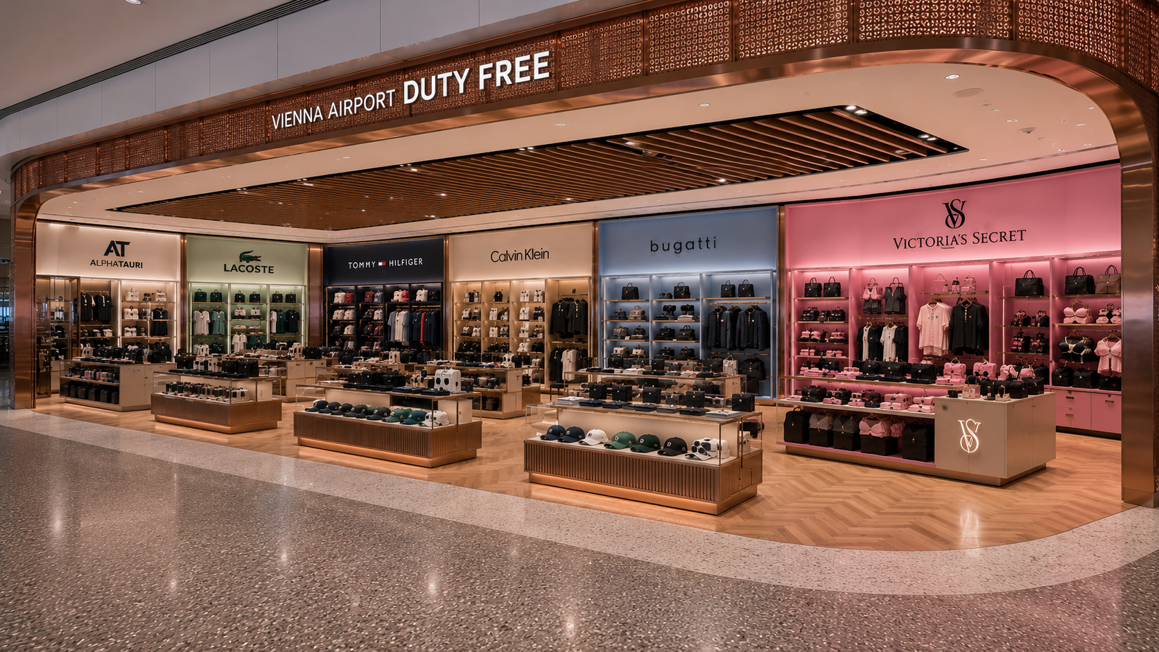 Rendering Welcome Shop Süderweiterung — Vienna Airport Duty Free mit AlphaTauri, Lacoste, Tommy Hilfiger, Calvin Klein, Bugatti und Victoria's Secret